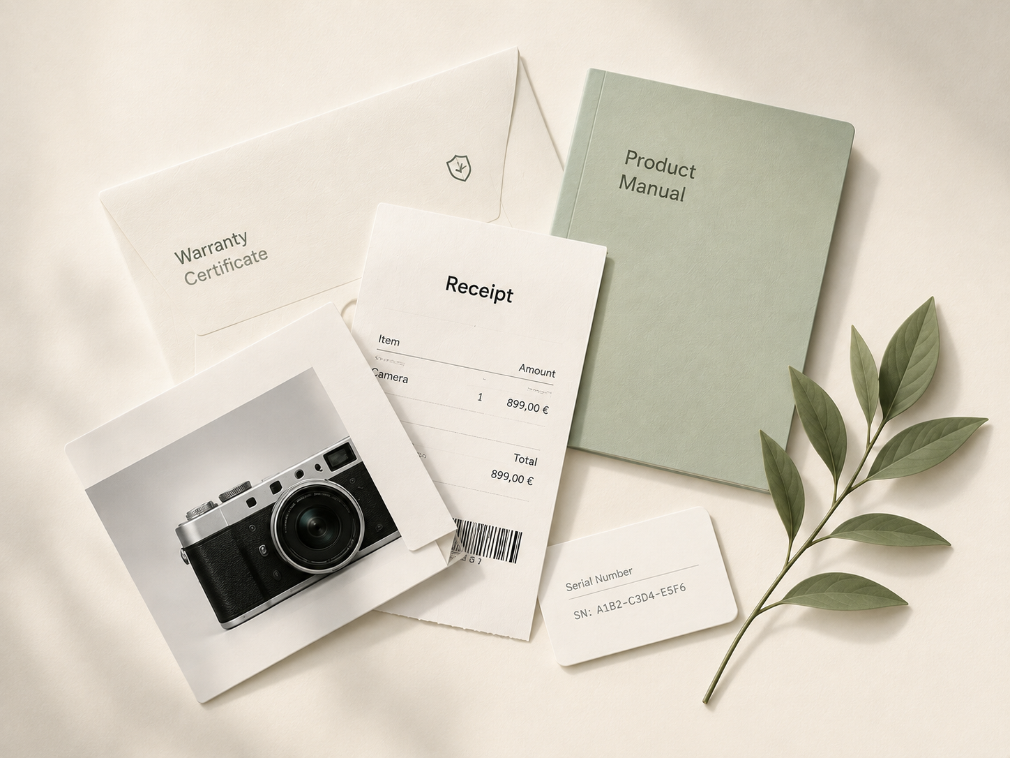 Warranty certificate, receipt, product manual, camera and serial number card