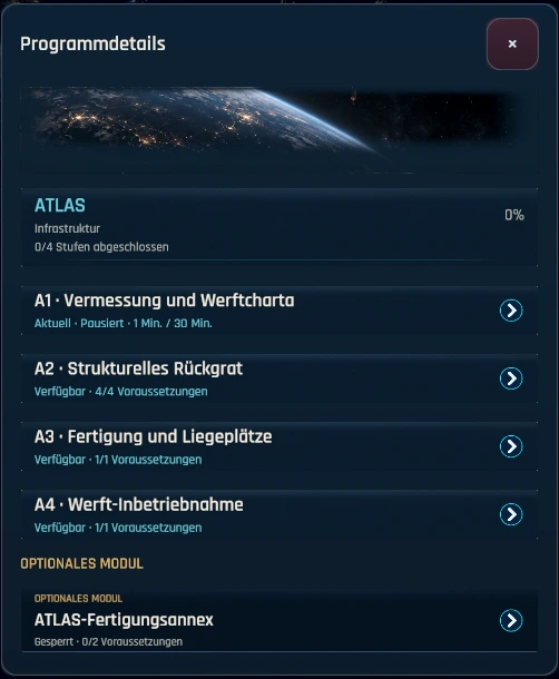 Current German ATLAS program details showing four construction stages, their status and an optional module.