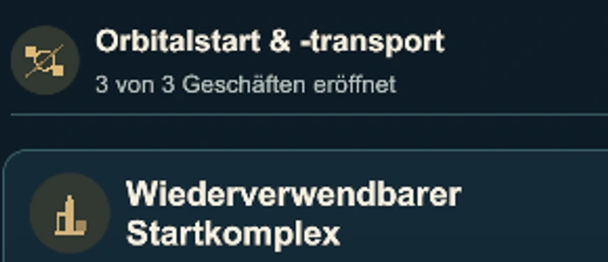 Ein Ausschnitt der Frontier-Betriebe mit einer Branchengruppe und dem Anfang einer Betriebskarte.
