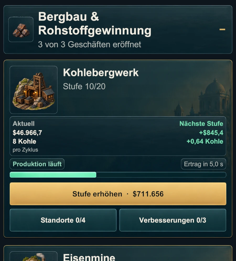 Eine aktuelle Betriebskarte mit Erträgen, Zugewinn der nächsten Stufe, Produktionsstatus, Zykluszeit und benötigten Ressourcen.