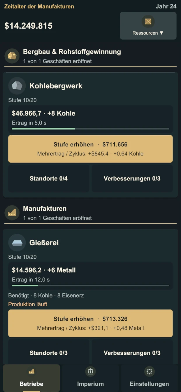 Die frühere Betriebe-Oberfläche von Idle Holdings vor der Überarbeitung.