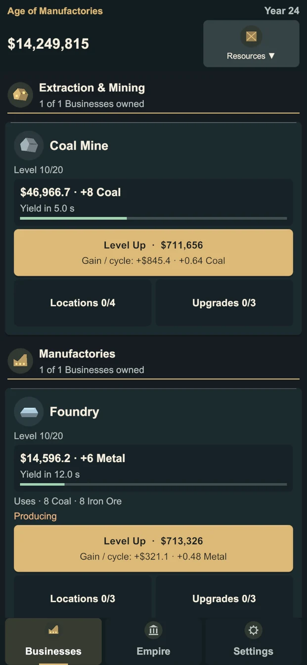 The earlier Idle Holdings Businesses interface before the overhaul.