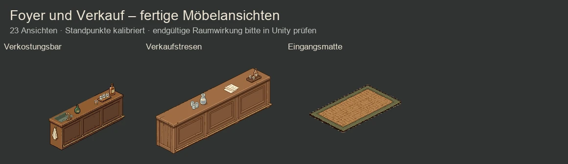 Working artwork overview showing a tasting bar, sales counter and entrance mat in warm timber and natural colours.