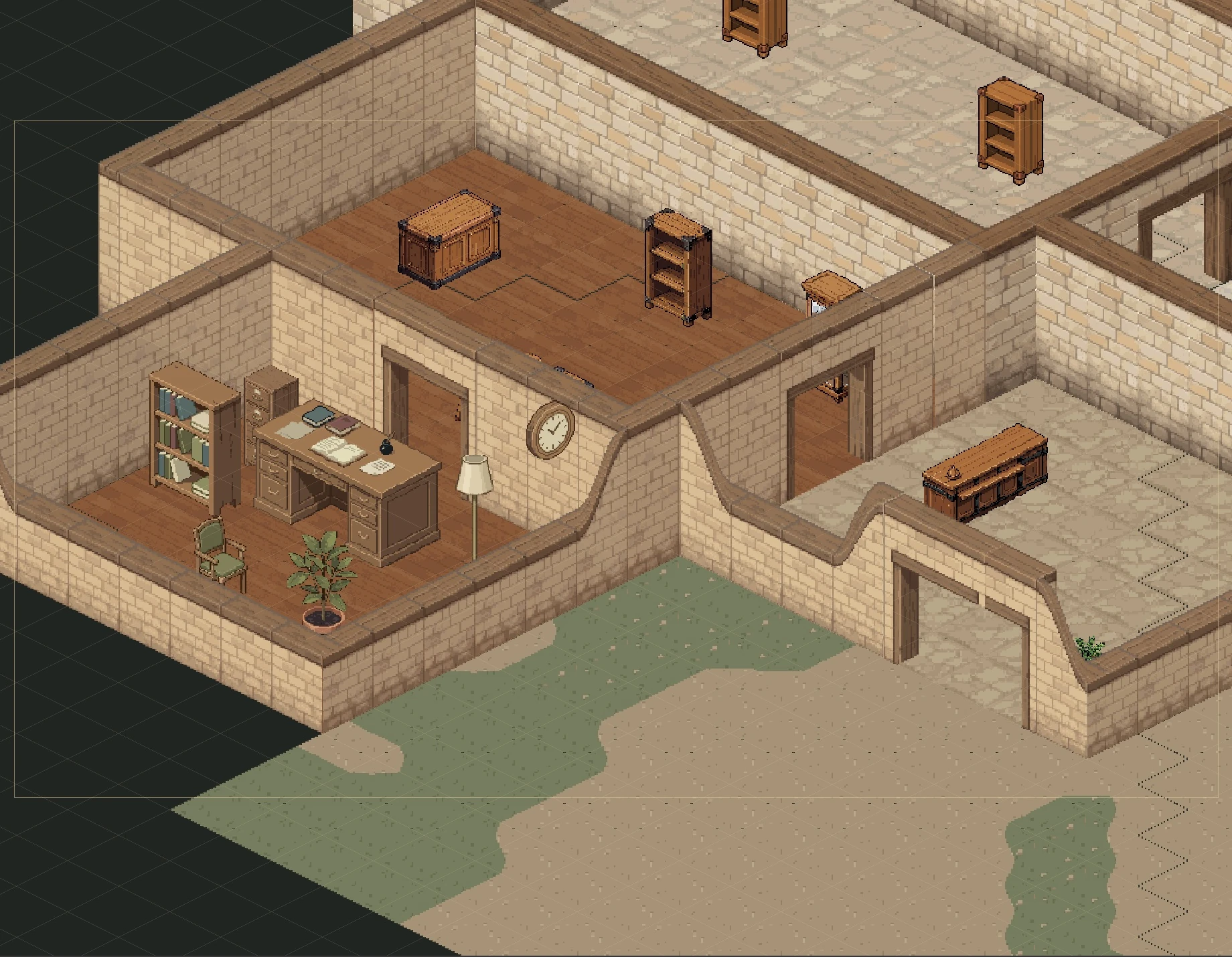 Office with a desk, green chair, bookcase, floor lamp, wall clock and plant; grass and courtyard paving meet outside.