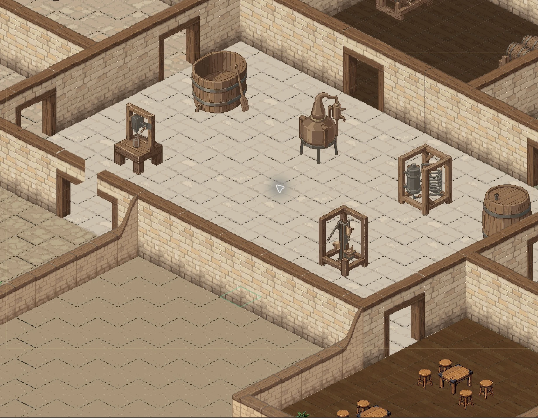 Development view of the production hall, with a wooden vat, copper-coloured still, bottling equipment and cooling equipment between sandstone walls.